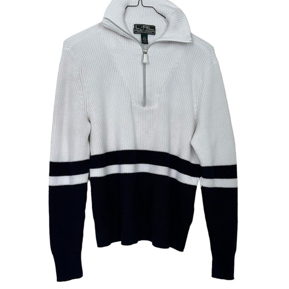 Lauren Active Ralph Lauren Top Athleisure Ribbed Knit Nautical Navy White Size L - Picture 1 of 10